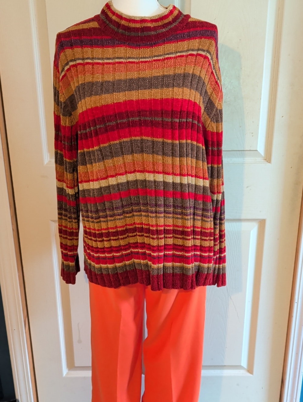 Striped Cowl Neck Sweater in Red, Brown & Mustard